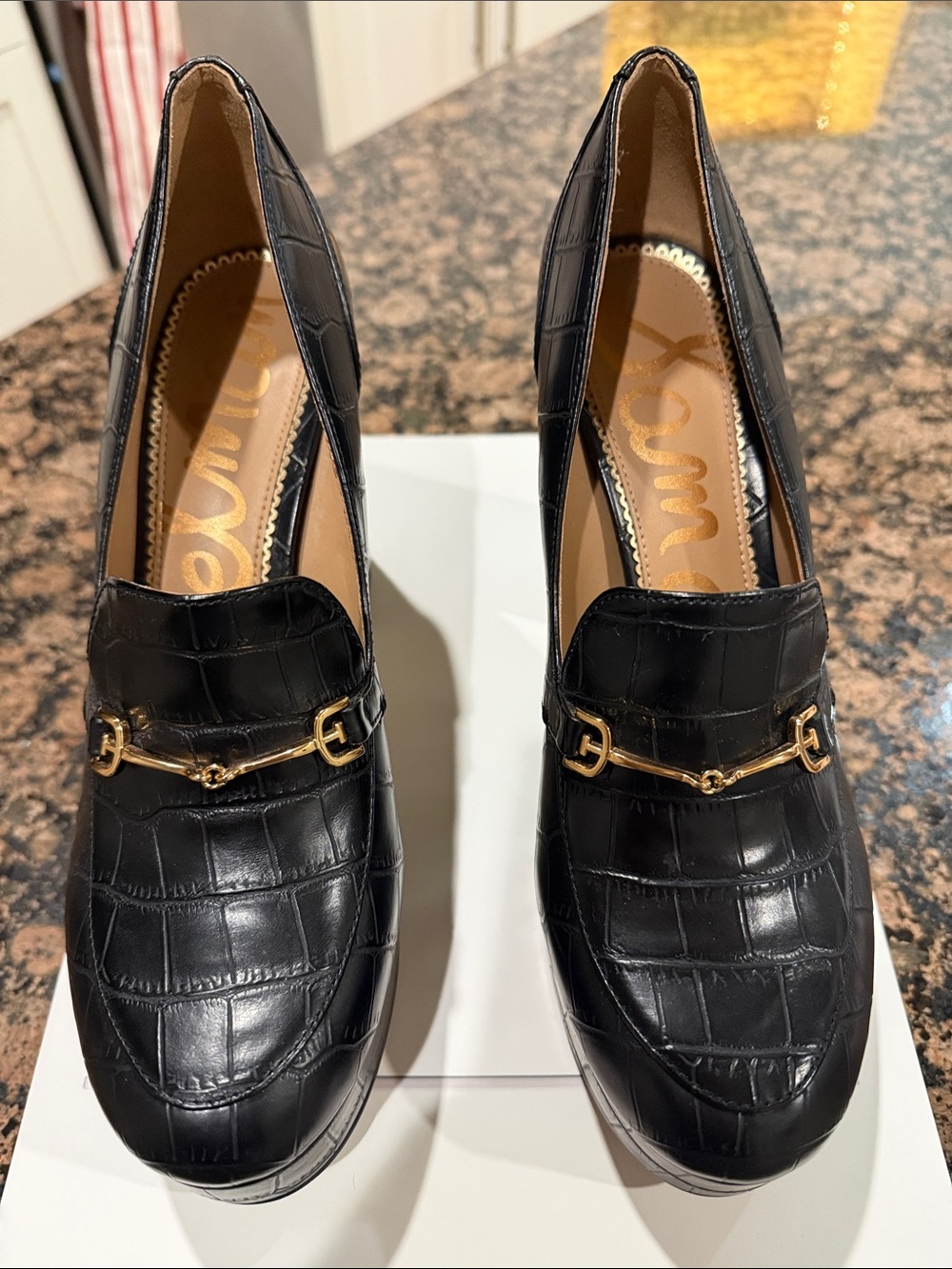 Sam Edelman Black Croc-Embossed Platform Loafers with Gold Bit